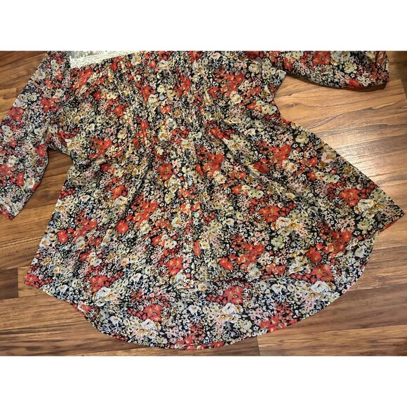American Rag Cie Plus 2X Floral Boho Peasant Blouse Sheer Lace Yoke Button Front - Picture 12 of 15